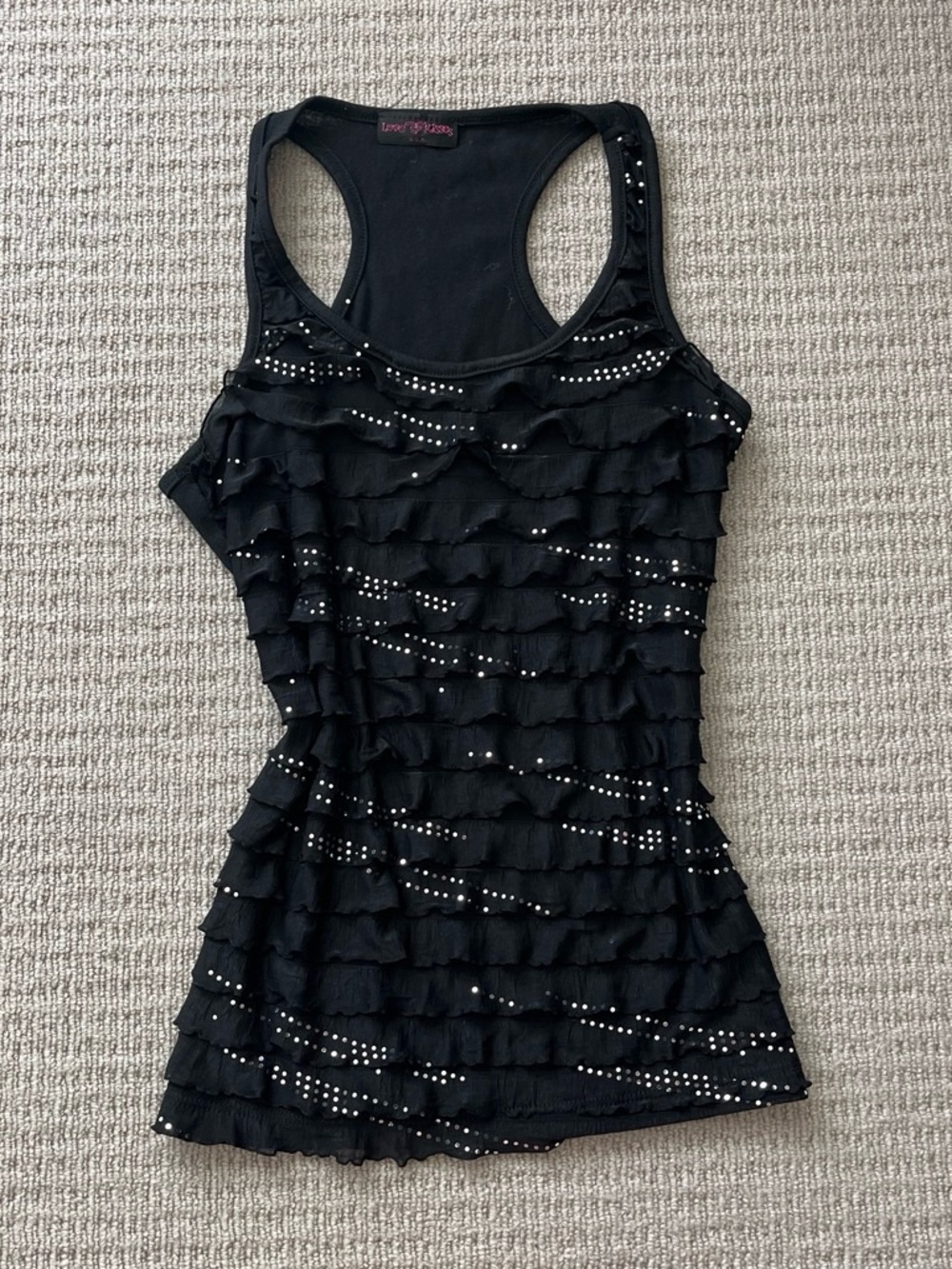 Y2K black ruffled sequin tank top